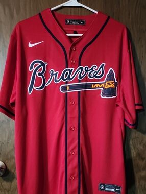 Nike Red and Navy Atlanta Braves Button-Up Jersey